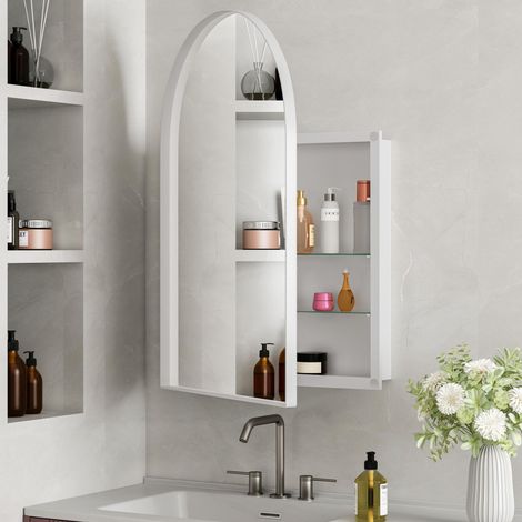 Armadietto da bagno a parete con specchio arcuato - 91x61x12 cm - struttura in metallo, specchio e ripiani regolabili - bianco (1/5)