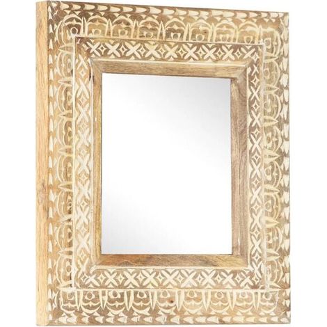 Miroir sculpté à la main, 50x50x2,6 cm, en bois de manguier massif. (1/5)