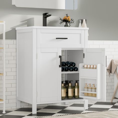 Meuble vasque de salle de bain 60 x 46 x 84,8 cm en MDF et céramique, blanc (1/5)