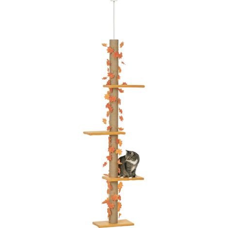 242 cm hoher, höhenverstellbarer Katzenbaum (vom Boden bis zur Decke) mit künstlicher Dekoration, Liegeflächen und Antirutsch-Set – Orange