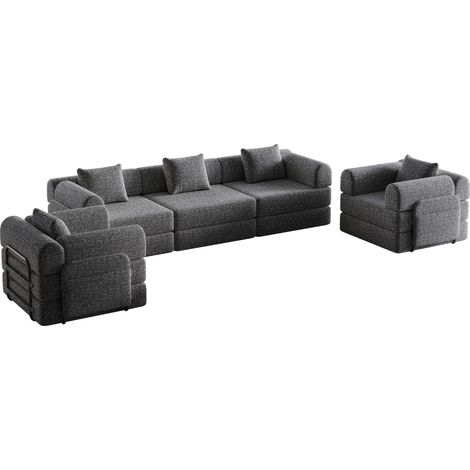 Sofá cama modular de chenilla gris con arcón en el reposabrazos y estructura metálica (1/5)