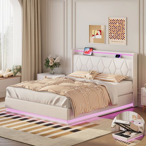 Lit coffre Double 160×200 cm avec rangement, Chambre complete adulte, lit deux place avec LED et USB, sommier à lattes,Velours Blanc