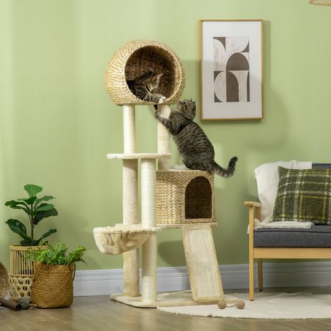 PawHut Kratzbaum, mit Katzenhaus, mehrere Plattformen, Hängematte, Kratzmatte, Kippschutz, beige, 60 x 60 x 150cm