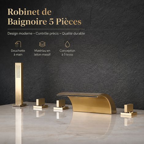 Robinet mélangeur de baignoire cascade split 5 pièces or brossé avec douchette sans cadre réf 0250 2 kg – Livraison gratuite