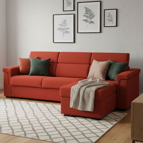 Dmora - Sofá cama con península Esca, Sofá esquinero convertible para salón, acolchado, desenfundable, 100% Made in Italy, 285x160 h100 cm, Naranja (1/5)