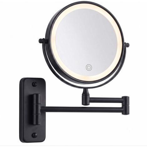 Relaxdays Kosmetikspiegel Wand, mit LED-Beleuchtung, 10-fach, 360° drehbar, Ø 20 cm, Metall, Akku, USB, schwarz (1/5)