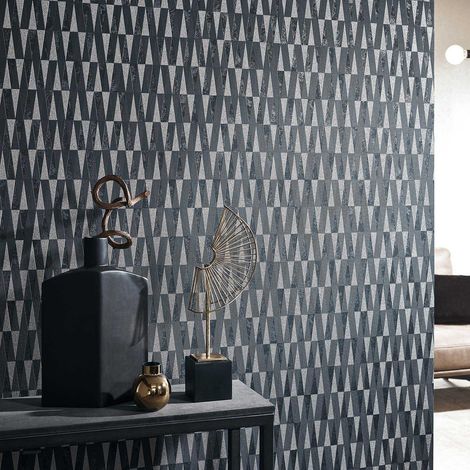 Papier peint géométrique gris anthracite & argent | Tapisserie triangle chic chambre adulte | Papier peint graphique intissé salon (1/3)
