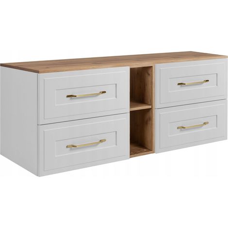 Waschtischunterschrank 140 cm - Weiß und Eiche - Elegantes Design - Soft Close (1/5)