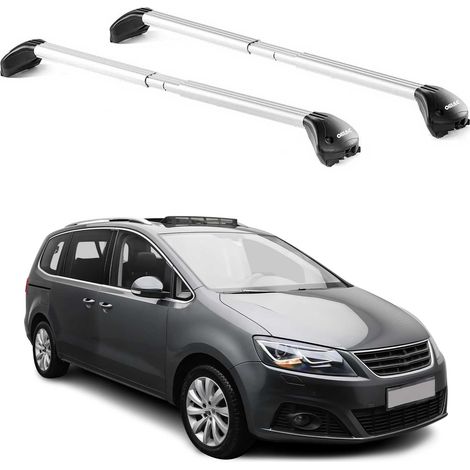 OMAC Barres de toit transversales certifiées TÜV pour Seat Alhambra I II 1996-2020 5 Portes – Verrouillables (4 antivols) – Charge max 100 kg – Sangle inox + protection caoutchouc Argent (1/4)