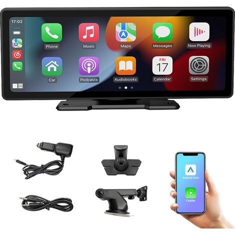Tragbares 10,3-Zoll-HD-IPS-Autodisplay mit Android Auto und kabellosem Apple CarPlay, Bluetooth-FM-Transmitter, 7V-32V-kompatibel für LKWs und Transporter