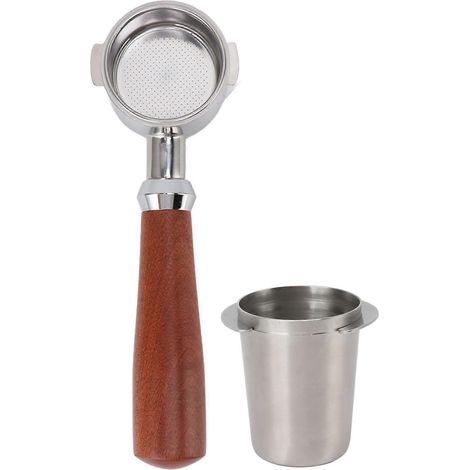 Bodenloser 51-mm-Kaffeefilterhalter mit zwei Griffen, abnehmbar und mit Kaffeesatzauffangbehälter. Kompatibel mit 51-mm-Kaffeemaschinen, silberfarben. (1/5)