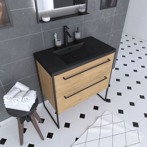 Mobile bagno 80x50 cm rovere scuro – 2 cassetti – lavabo in resina nera effetto pietra
