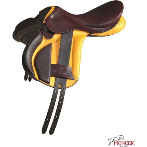 al garrese L = 32, Braun: Zweifarbiger olympischer Sattel aus echtem Leder mit breitem und tiefem Sitz zum Reiten und Springen (1/5)