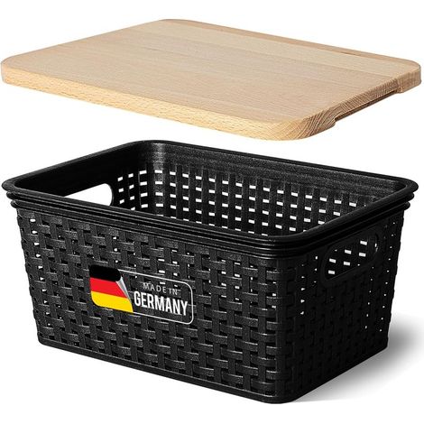 Boîte de rangement avec couvercle en bois, petit panier 5L, noir en rotin, panier de rangement alimentaire, boîte empilable, plastique
