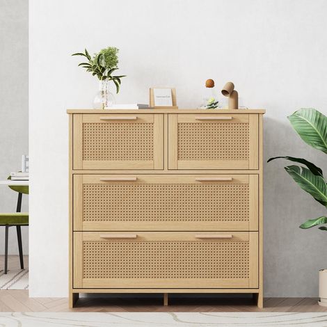 Commode de chambre bohème, L80xH80xP38 cm, Chiffonnier meuble de rangement 4 tiroirs pour salon et entrée, Bois MDF et rotin naturel, Naturel (1/5)