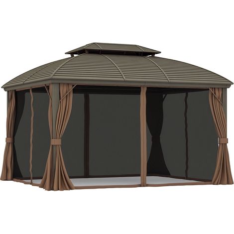 Outsunny 3.65 x 3(m) Aluminium Outdoor Gazebo w/ Hardtop Double Roof, Coffee (1/5)