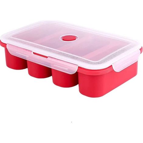 Moule À Congélation En Silicone - 4 Compartiments De 250 Ml - Avec Couvercle Transparent - Pour Bouillon Soupe Sauce Ou Beurre - Rouge (1/5)