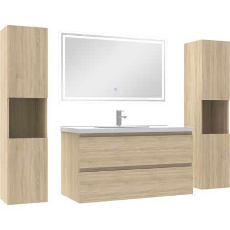 Ensemble meubles Salle de Bain 100cm avec colonne + miroir lumineux Chêne Wotan