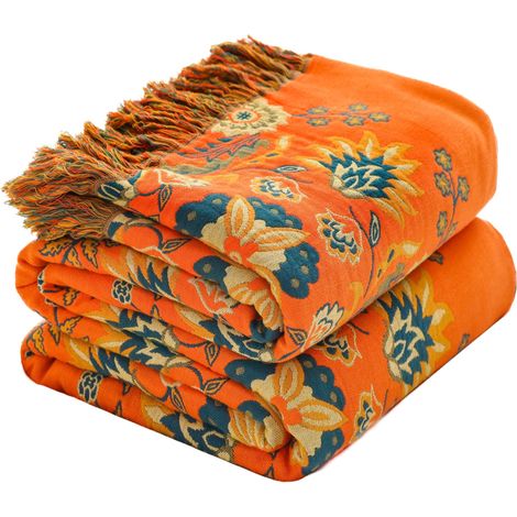 Couvre-lit en coton - Couverture de canapé avec motif - 150 x 200 cm - Style bohème - Double face - Couverture de fauteuil - Pour regarder la télévision ou pour siroter sur la chaise - Lit (1/5)