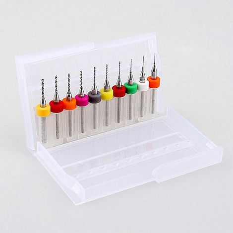 Ensemble de 10 micro-forets hélicoïdaux en carbure de tungstène pour la gravure de circuits imprimés (PCB). (1/5)