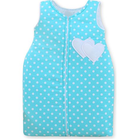 Saco de dormir de algodón para niños, talla M (6-12 meses), TOG 2.5, aislante, para todo el año, con estampado de corazones y lunares sobre fondo turquesa. (1/4)