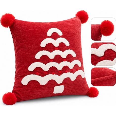Housse de Coussin Sapin a Pompons en Polyester Rouge 45 x 45 cm Decoration de Noel pour Canape et Interieur (1/5)