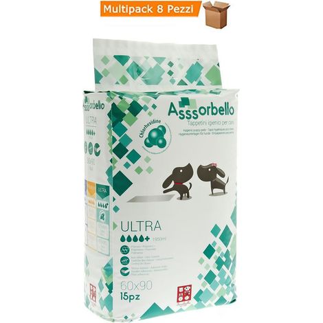 Multipack 8 confezioni da 15 pezzi assorbello tappetini igenici ultra per cani 60x90