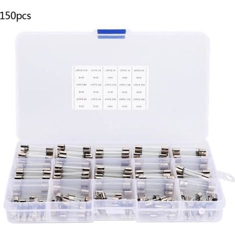 XUY Assortiment De Fusibles En Tube De Verre 150Pcs 6X30Mm 0.5A - 1A - 2A - 3A - 5A - 8A - 10A - 15A - 20A - 30A (1/4)