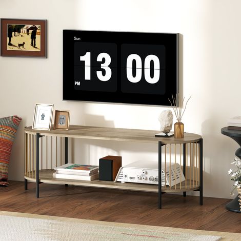 Mobile porta TV in stile bohémien per televisori fino a 55 pollici con design a corda di carta e 2 ripiani a giorno, 124x43,5x41 cm, colore naturale.