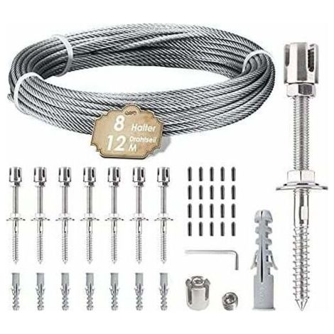Support de plantes grimpantes. Kit de suspension en corde inox 12 m. Comprend câble 3 mm et 8 tendeurs. Convient jardins, murs béton, panneaux clôture, bois massif. (8 tendeurs de 12 m)