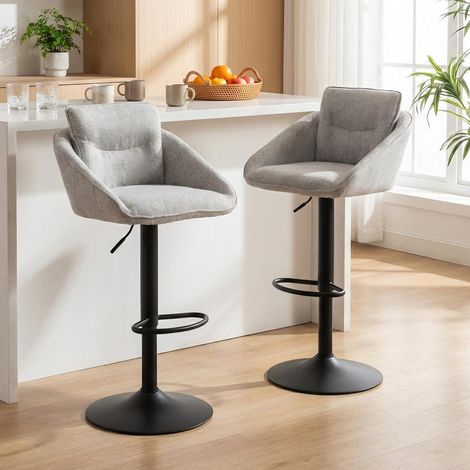 Lot de 2 tabourets de bar en lin gris, réglables en hauteur, pivotants, avec dossier et repose-pieds (1/5)