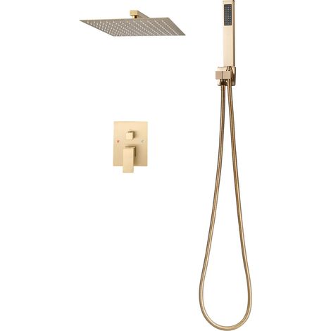 Mophorn Set doccia completo, sistema doccia a pioggia per bagno con soffione quadrato da 25,4 cm e doccetta, accessori da parete per vasca con valvola in ottone e kit di finitura, finitura oro