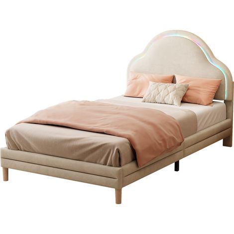 Lit capitonné tête forme nuage, bandeaux LED multicolores, lit enfant à lattes bois, lit simple, velours, beige, 90x200, matelas non inclus, pour chambre enfant, gain de place (1/5)