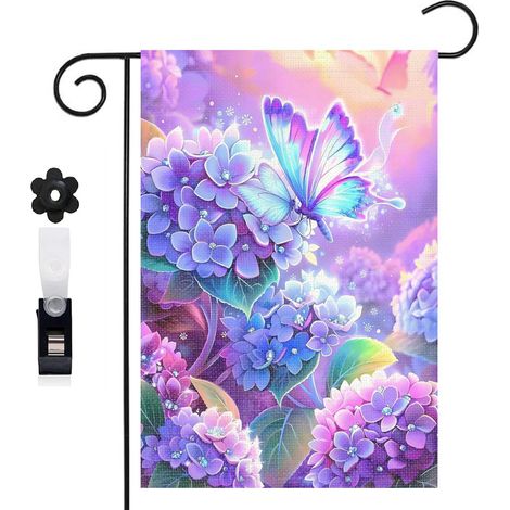 Drapeau de jardin 30 x 45 cm motif hortensias et papillon féerique style nature toile double face (1/5)