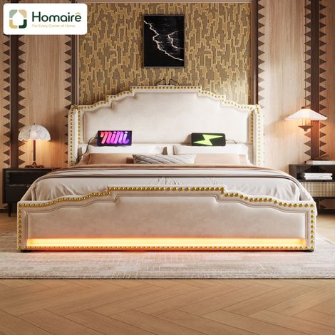 Bettgestell aus Polyester 214 x 189 x 120 cm beige Velours mit Stauraum USB-Port HOMAIRE (1/5)