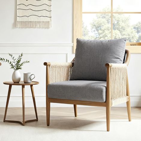 FlexiSpot Fauteuil en Rotin Tressé à la Main avec Coussin, Gris (1/5)