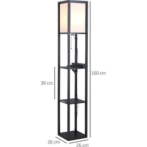 Lampadaire moderne, éclairage intérieur gain de place, avec étagère, pour salon, en coton et MDF, 26 x 26 x 160 cm, noir et blanc (1/5)