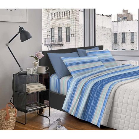 Completo Letto Matrimoniale ,100% Cotone Riga azzurro