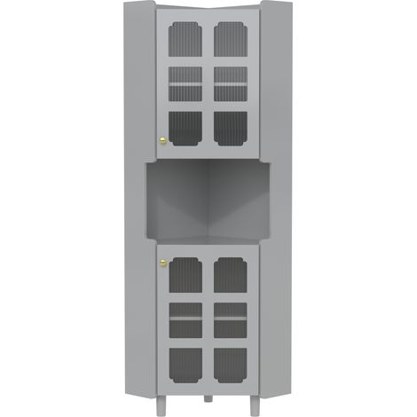 Meuble de Rangement d'Angle avec 2 Portes, 1 Niche Ouverte et LED, en MDF Laque Gris, 63.5x157.5 cm