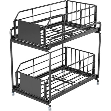 Spice Rack 2 Tier Large Capacity Water Resistant Rugged Under Sink Cabinet Organizer for Kitchen Home Black