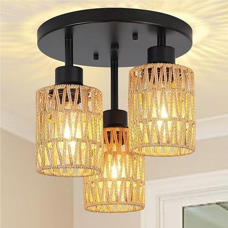 Plafonnier encastré à 3 lumières, style rétro, en rotin, semi-encastré, luminaire suspendu style ferme, fait à la main, idéal for un salon