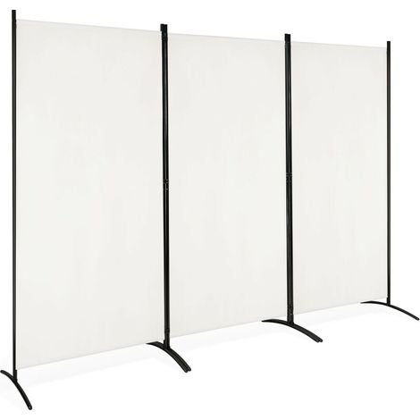 Paravent 3 panneaux pliable blanc en polyester et acier avec charnières réglables et pieds incurvés pour bureau, salon et chambre (1/5)
