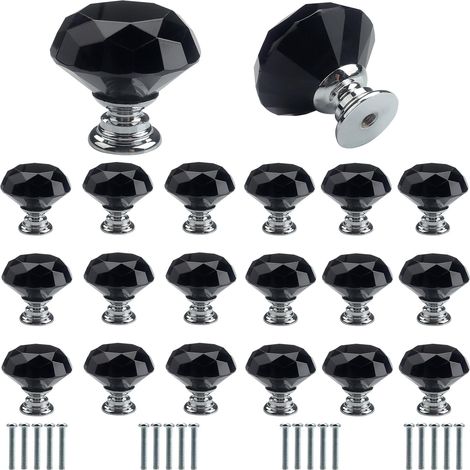 Lot de 20 poignées de porte en verre cristal noir avec vis 30 mm Poignée de porte haut de gamme légère de luxe Poignée de tiroir Trou unique Décoration d'intérieur (1/5)