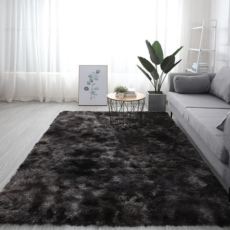 Tapis à poils longs - moquette - tapis de salon - tapis 160x230 - tapis peluche tie-dye - fibres de polyester - noir et gris (1/5)