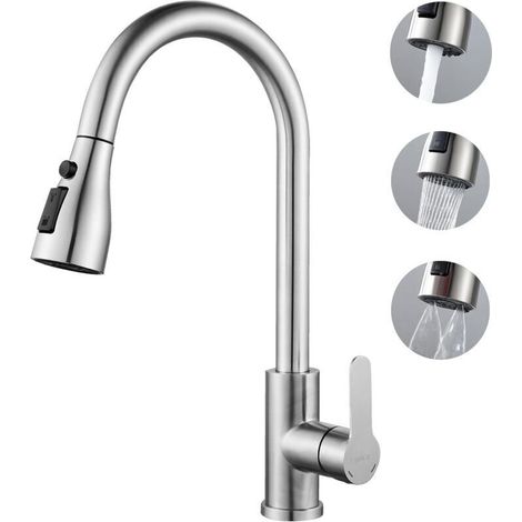Robinet Cuisine avec Douchette - Mitigeur Cuisine avec Bec pivotant à 360°, 4 Modes de Pulvérisation, Arc Élevé, Acier Inoxydable Robinet pour éviers de Cuisine à 1 trou (1/5)