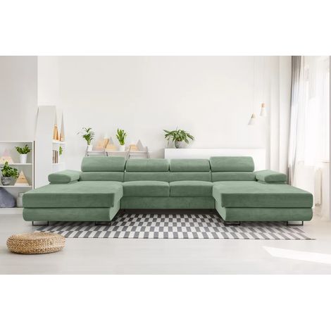 AX LIVING Sofa U Form mit Schlaffunktion – Arborio U 352 cm in Salbeigrün