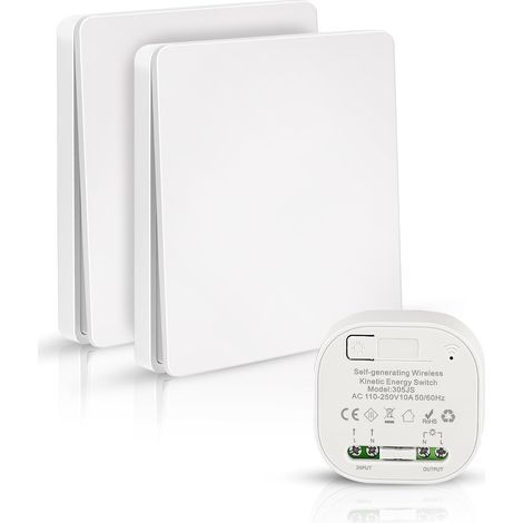 Juego de 2 interruptores de pared inalámbricos con 1 receptor - Interruptor de pared sin pilas - No requiere cableado - Interruptor inalámbrico para lámparas (1/5)
