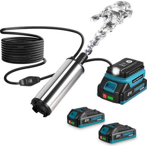 Pompa sommersa 60 W, corpo in acciaio inossidabile, 30-50 l/min, cavo di alimentazione 5 m, Con due batterie da 2000 mAh