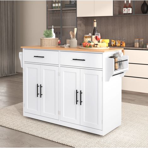 Carro de cocina 120/70/91,5 cm en blanco/natural con tapa abatible, ruedas y almacenamiento (1/5)