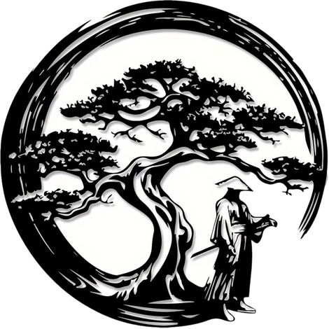 Décoration murale Bonsaï japonais métal noir 40x40 cm, cercle Enso et samouraï, zen pour méditation (1/5)